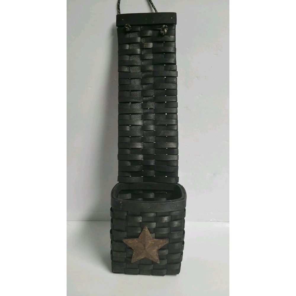 Primitive Black Woven Hanging Wall Basket  Pocket Rusty Star Primitive Country